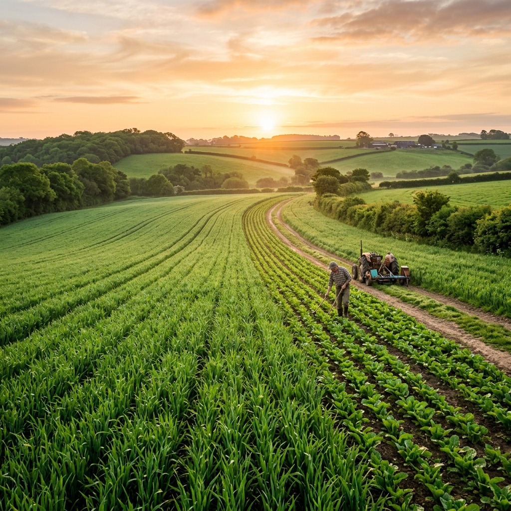 Lush green agricultural field at sunrise